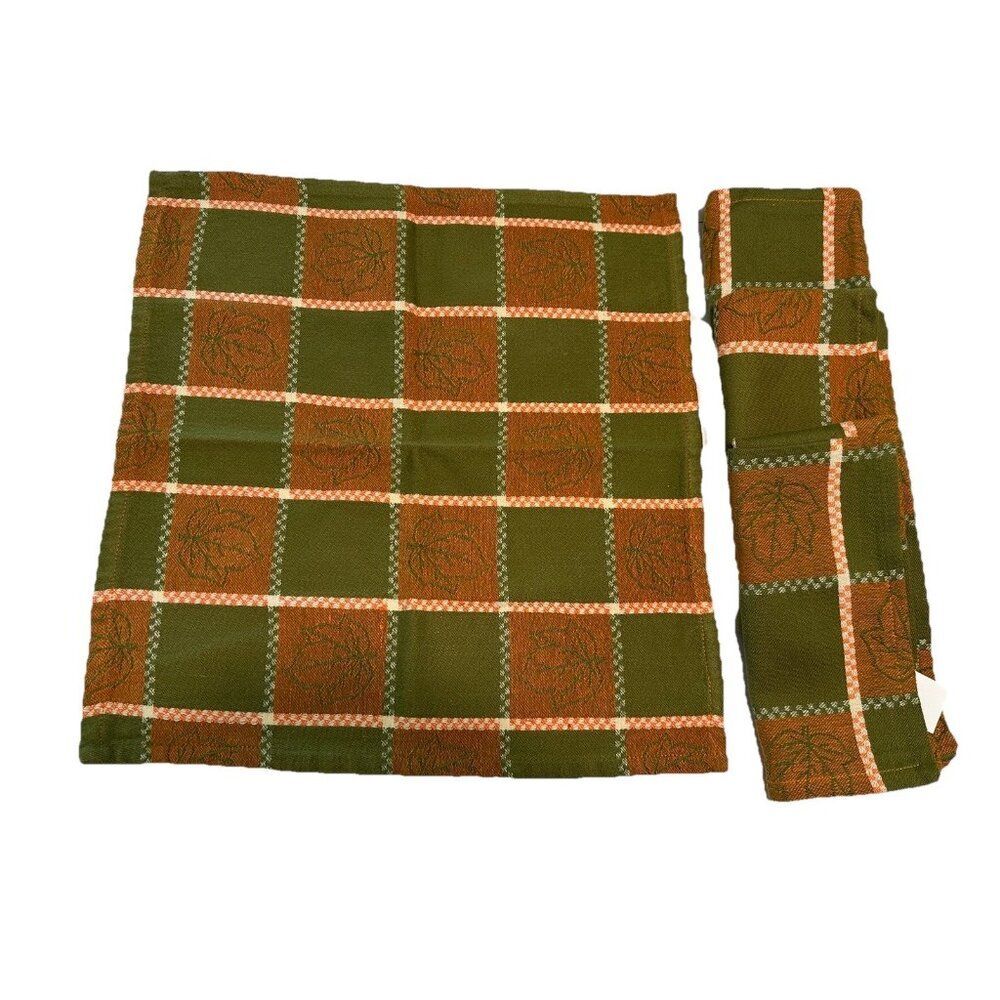4 cotton plaid fall cloth napkins 17” Leaf Thanksgiving Green Orange